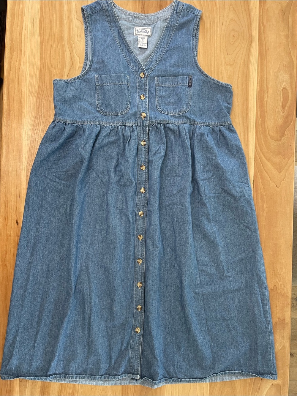 Vintage True Blue Denim Jumper Dress 1X Button Front Chest Pockets Maxi 90’s